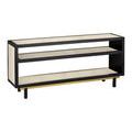 Angled side view revealing the dual shelves and spacing between legs with gold accent bar