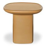 Front view of Manon Outdoor Side Table showing pedestal base and rounded edges in tan color