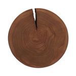 Dark teak end table top showing an opened crack and pronounced annual wood rings