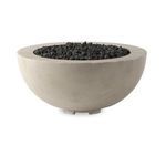 Round outdoor fire table in glass-reinforced concrete with smooth grey-cream finish and central bowl filled with black lav...