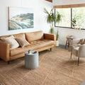 Rug styled in modern living room under tan leather sofa and gray armchair by window