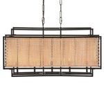 Side profile of chandelier displaying black metal framework with rattan panel edges