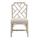 Bayview Dining Chair with solid mahogany frame, taupe fabric cushion, and white rope wrapped lattice back and legs