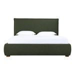 Luzon Bed dressed with white bedding and two pillows against dark green headboard