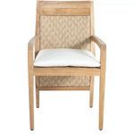 Front view of Savannah Teak Arm Chair showing woven back panel and white seat cushion