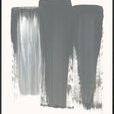 Abstract painting with three vertical grey brush strokes of varying tones on a white background, minimalist style