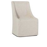 Classic dining chair in neutral gray upholstery with sloping arms and castors for easy mobility