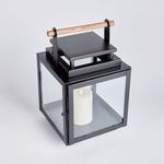 Adwin Outdoor Lantern shown from a top-front angle highlighting its layered square top and teak handle