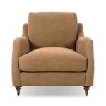 Lynne chair in warm brown fabric with rolled arms, sink-in cushions, turned wood legs with casters