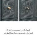 Close-up of split rattan drawer texture showing brass and polished nickel hardware options
