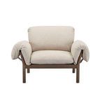 Cardero lounge chair with dark stained ash frame, beige ruched fabric arms, and plush seat and back cushions