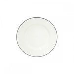 White ceramic stoneware plate with sleek blue rim, smooth surface, and slightly raised edge