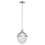Otis Pendant Medium with oval milk glass diffuser and polished metal top, suspended by chain and rod
