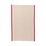 flat lay view of single kitchen towel showing full rectangular shape with red and white border