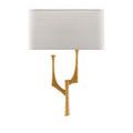 Front view of textured gold wrought iron base with gray fabric rectangular shade on Bodnant Right Wall Sconce