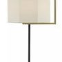 Hopper Table Lamp with brushed brass pyramid base, oil-rubbed bronze slender arm, and angular off-white shantung shade