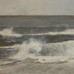 Close-up of ocean wave brushstrokes emphasizing blurred dry brush technique and canvas texture