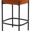 Backless counter stool with terra cotta polyester seat and black metal frame featuring rounded square legs