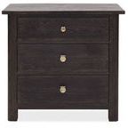 Front view of the nightstand showing symmetrical drawer layout and brass pulls