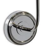 Close-up of polished nickel round backplate and curved arm with glossy reflective finish