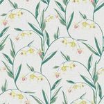 Contemporary floral wallpaper with stylised fuchsia and yellow flowers on curving green stems on a pale textured background