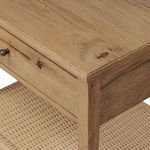 Close-up of front left side of desk front edge and drawer front grain detail