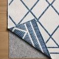 Rug corner lifted to reveal denim blue reverse side and gray non-slip rug pad underneath
