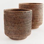 Close-up side angle highlighting the detailed weave texture of the rattan cachepots