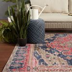 Side view of rug corner with detailed pattern next to potted plants and textured pouf