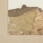 Close-up of lower left corner showing canvas texture and subtle cracks in muted ochre and brown layers
