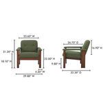 Dimension illustration with chair measurements for width, height, and depth from front and side