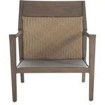 Front view of chair showing oak frame with raffia woven backrest and seat frame without cushions