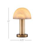 Side angled view of La Gravite Mini Table Lamp with polished brass base and alabaster dome shade