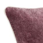 Close-up on pillow corner emphasizing velvety texture and piping trim