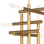 Detailed close-up of grid-like brass arms and white frosted acrylic diffusers of Cass Chandelier