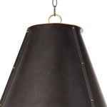 Close-up of natural brass ring and top metal loop connected to hanging chain on blackened brass cone