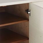 Close-up of interior shelves and hinge hardware inside Meredith 4-Door Cabinet