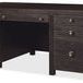 Side angle highlighting drawer hardware and right side panel with dark wood grain finish