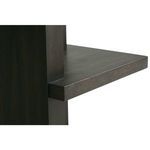 Close-up of thick floating shelf edged in charcoal oak veneer attached to pedestal