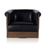Straight on front view of leather chair with visible wood grain and plush seat cushion