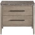 Erinn Nightstand with oak body, two drawers, Piasentina stone top, and dark metal drawer handles