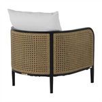 Back-left angle of chair showing woven panels and black leg bases