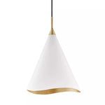 Martini 1 Light Small Pendant with white conical shade and curved gold-leaf edge, suspended by matching gold holder and bl...