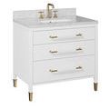 Verona white vanity displayed in a bathroom with reflective gold fixtures and cityscape window view