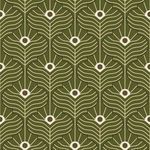 Olive-green Moroccan Peacock wallpaper with symmetrical stylized peacock feather pattern in muted beige lines