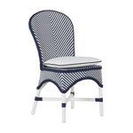 Savoy Side Chair with woven navy and white chevron pattern, rounded high back, white legs, and a white seat cushion with n...