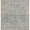 Full view of Stag Oriental rug showing antique hunting and wildlife design in teal, gold, and blue hues
