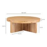 Folke round coffee table with dimensional measurements overlay showing height, width and depth in inches