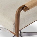 Close-up of cotton rope wrapped armrest and beige fabric upholstery on Rosie desk chair