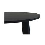 Close-up side view of round black outdoor dining table's slatted wood top edge and angular leg